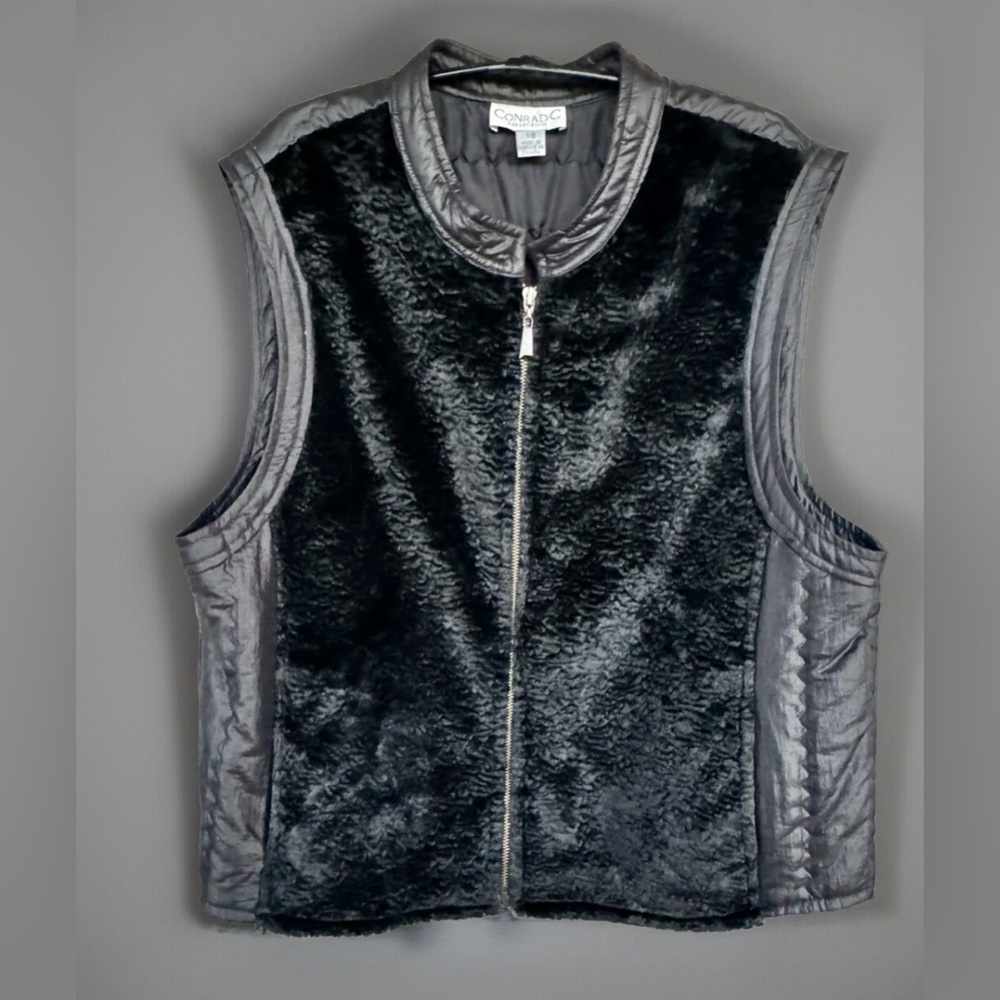 Conrad C Collection Woman Sleeveless Black Faux Mink Quilted Full Zip Vest Sz 18